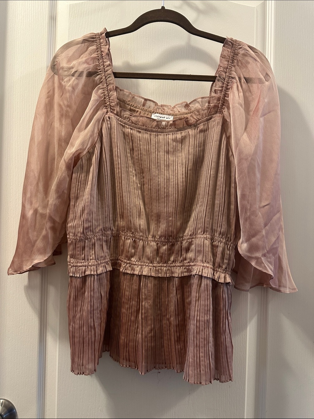 Current Air Pleated Sheer Puff Sleeve Peasant Top - Dusty Rose